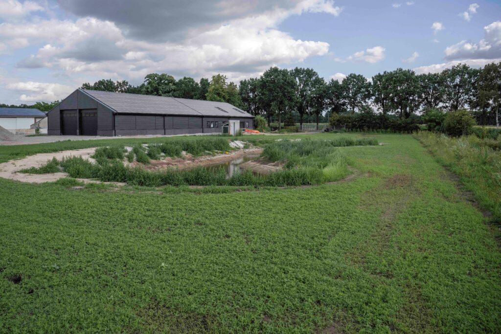 De loods met op de voorgrond de vijver en een gedeelte waar het voedselbos komt